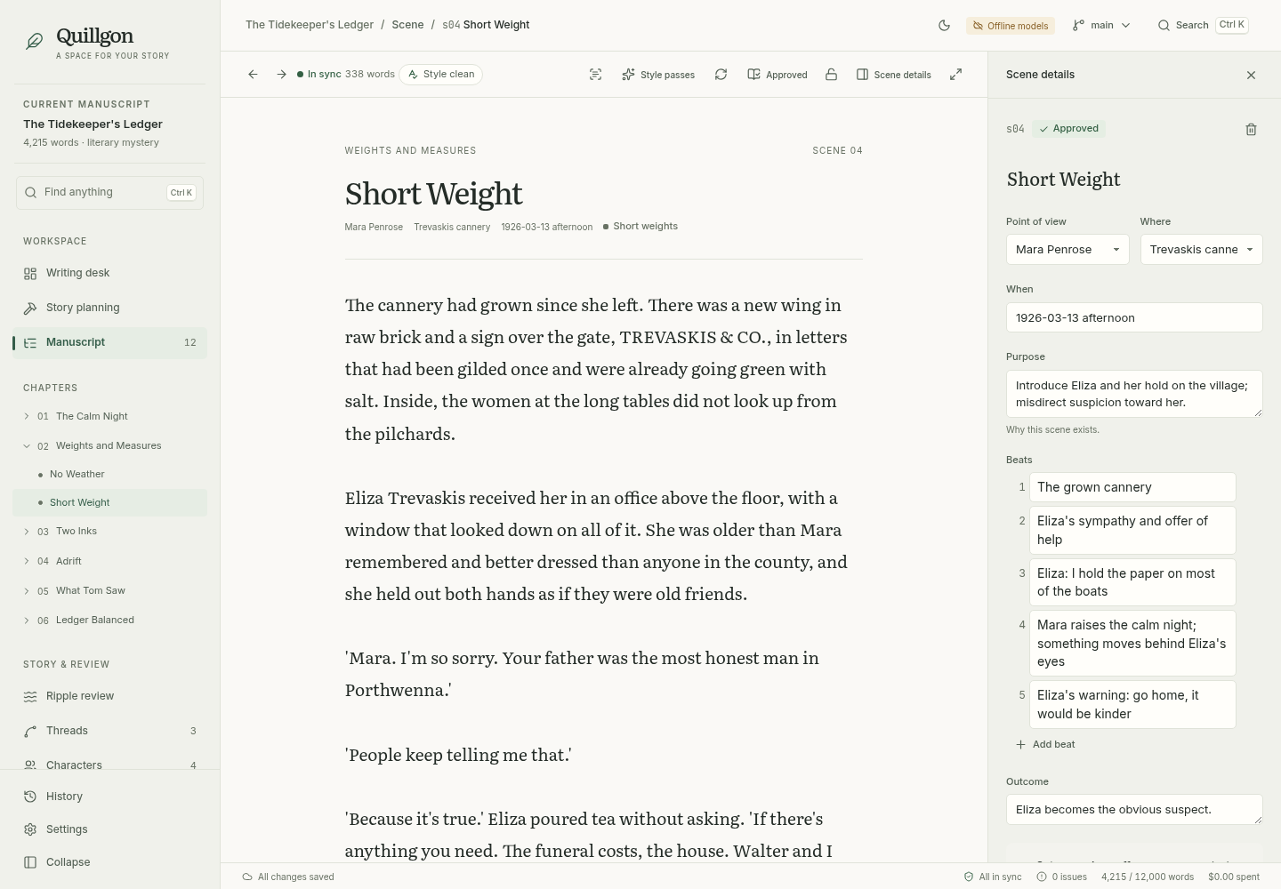 Quillgon prose editor with the scene details inspector open