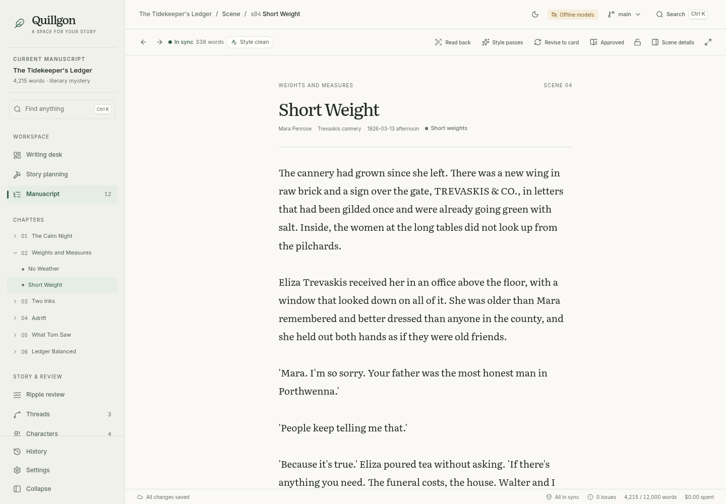 Quillgon scene editor with chapter navigation and a focused manuscript reading column