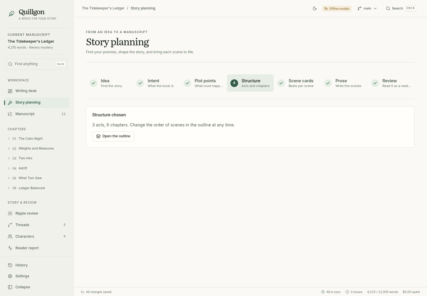 Quillgon story planning workspace with intent, plot points, structure, and scene card stages