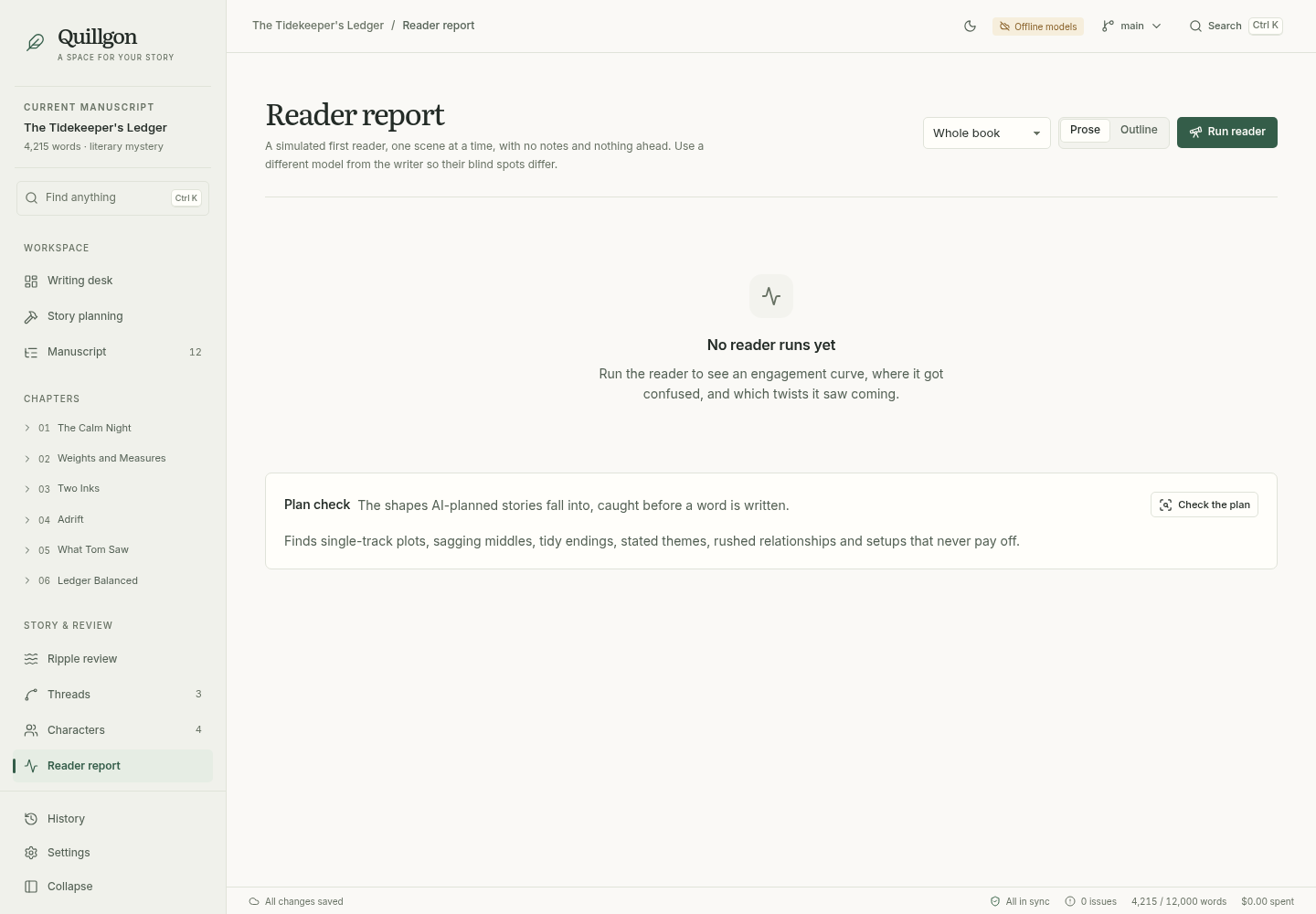 Quillgon reader report with reading feedback for the sample novella